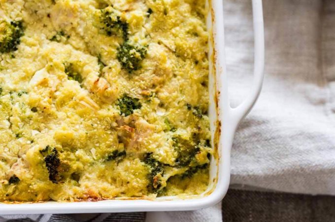 Creamy Chicken Broccoli Cauliflower Rice Casserole (gluten free, dairy free, paleo, casserole in white dish)