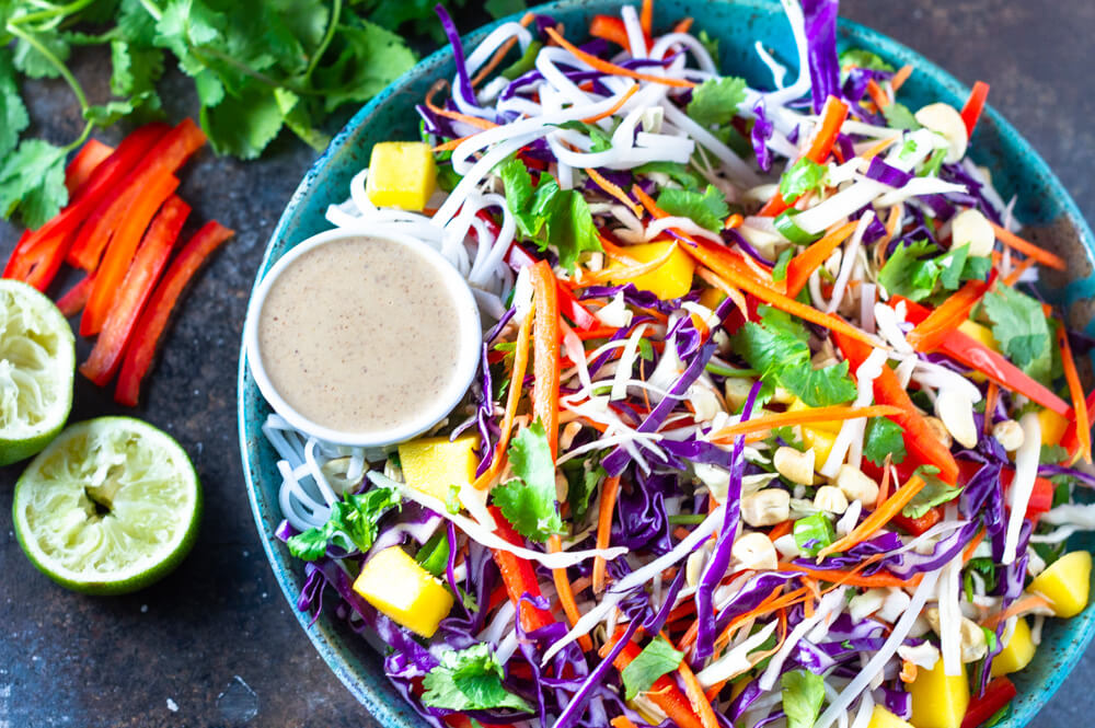 Thai Noodle Salad in a blue bowl