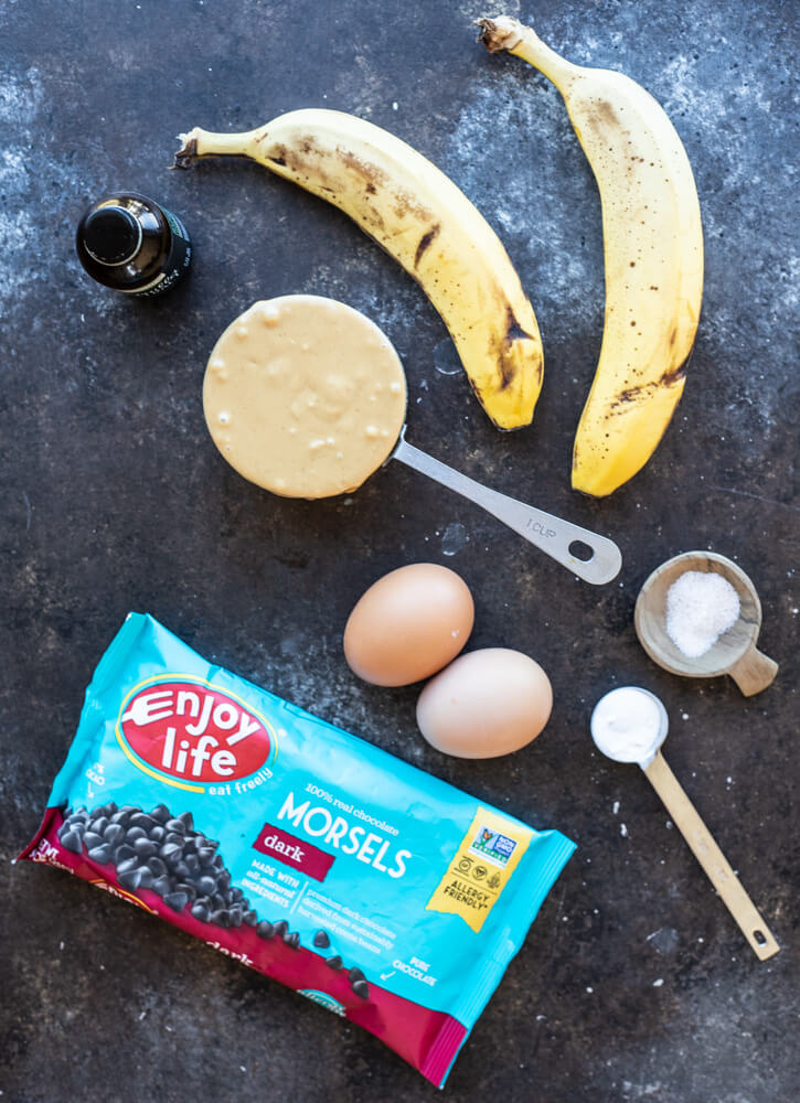 ingredients for peanut butter banana muffins laid out