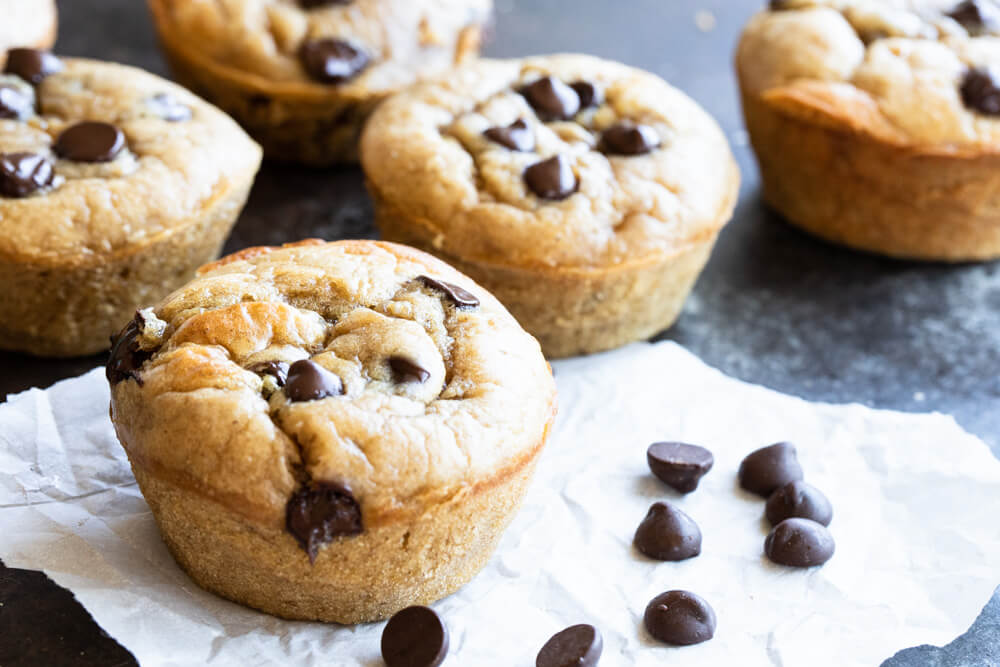 close up of a peanut butter muffin with chocolate chips