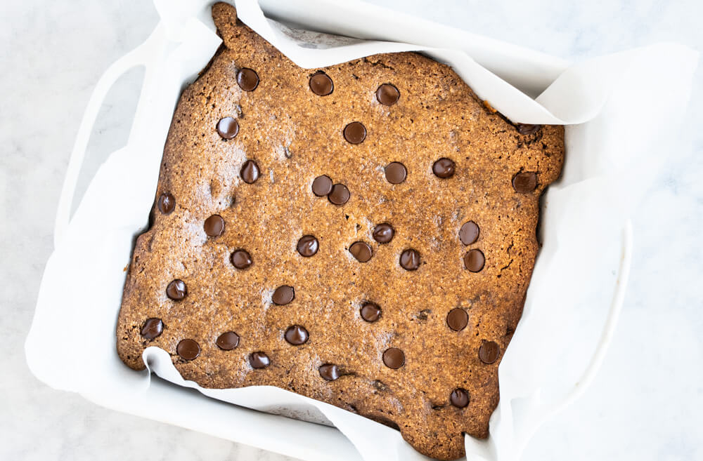 white baking dish with pumpkin bars