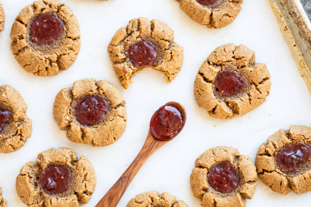 peanut butter and jelly cookies on cookie sheet