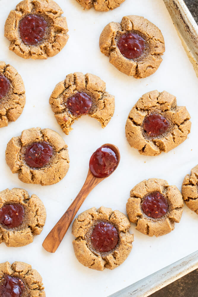 close up of peanut butter and jelly thumbprints