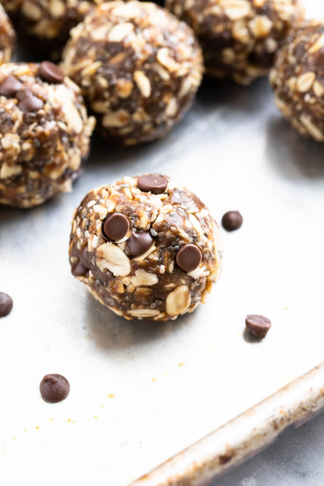 gingerbread energy ball with chocolate chips on outside