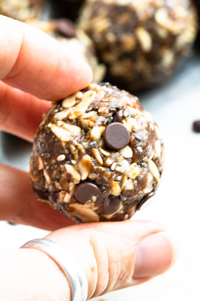 close up of one gingerbread energy ball