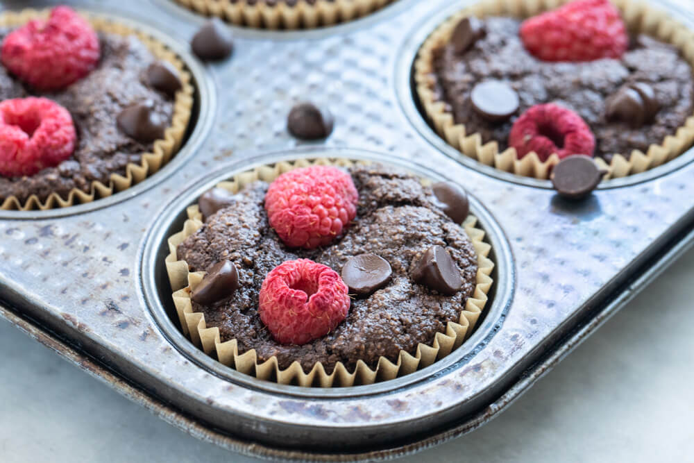 baking tray with a vegan chocolate muffin