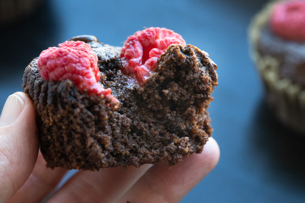 close up of hand holding a vegan chocolate muffin