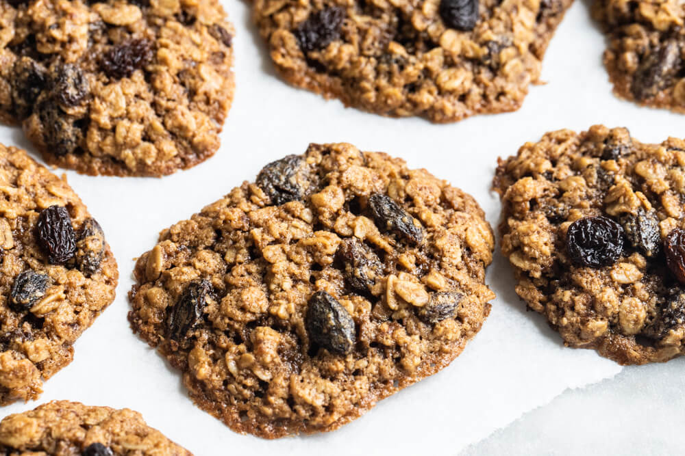 close up of a gluten free oatmeal raisin cookie