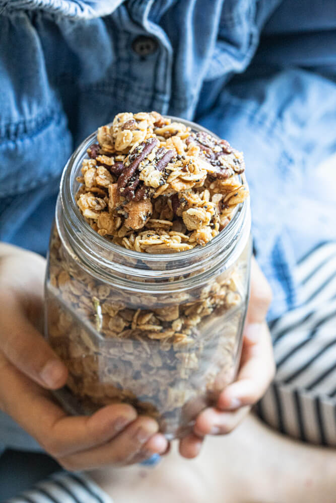 close up of a jar of granola