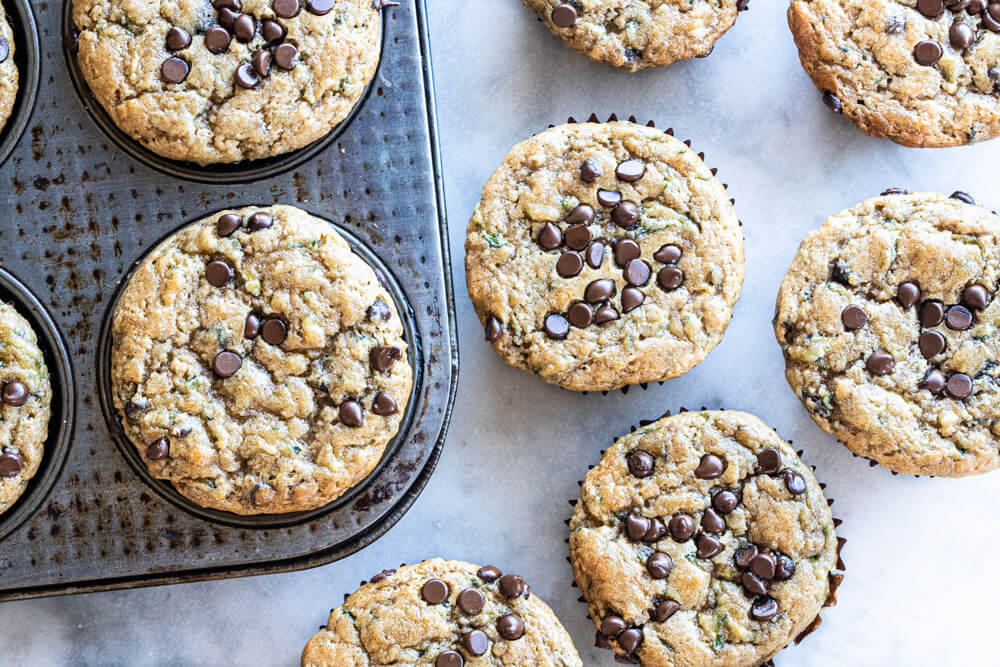 zucchini muffins with mini chocolate chips on top