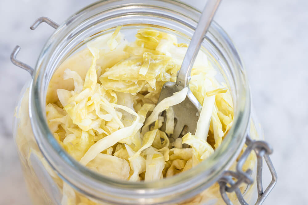 close up of jar of sauerkraut