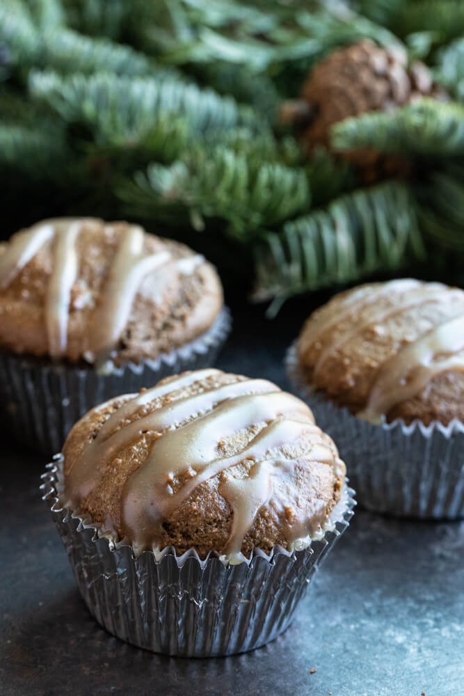 close up of gingerbread muffin in silver wrapper