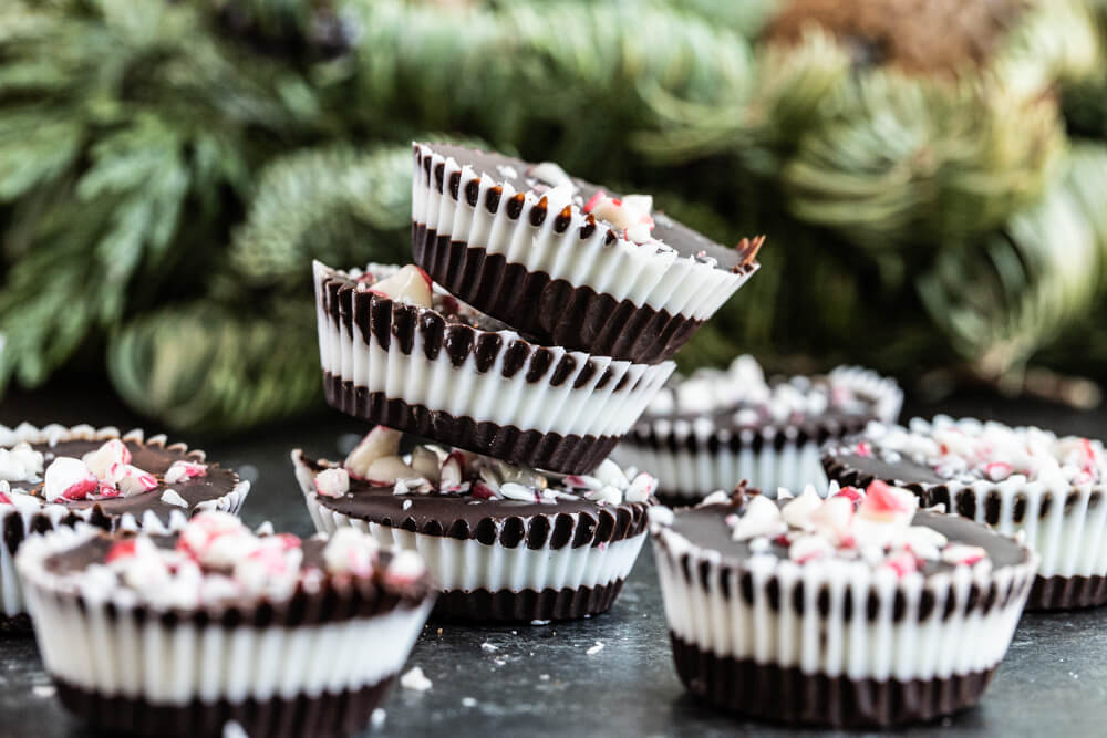three peppermint cups stacked on metal pan
