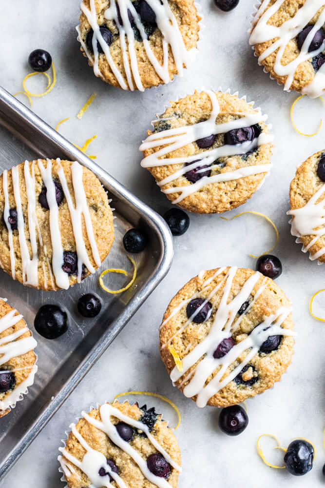 lemon blueberry muffins on a stone countet