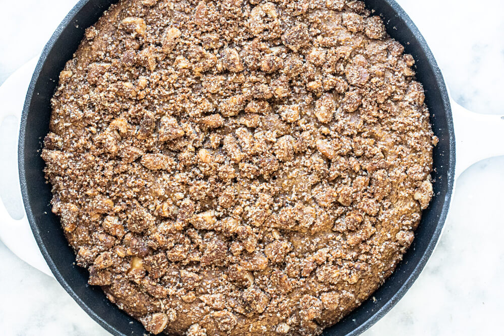 top view of nut crumble on cake