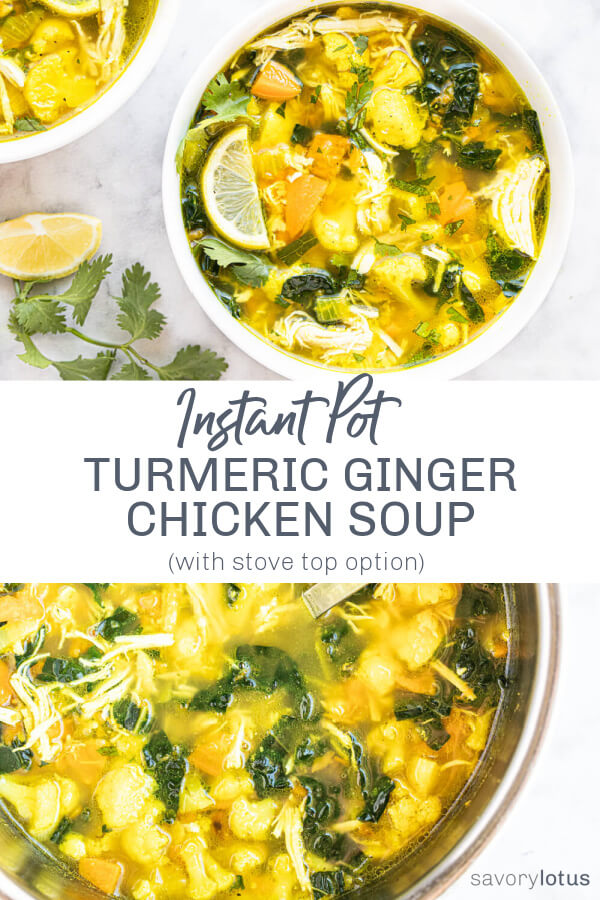 turmeric ginger chicken soup on white counter