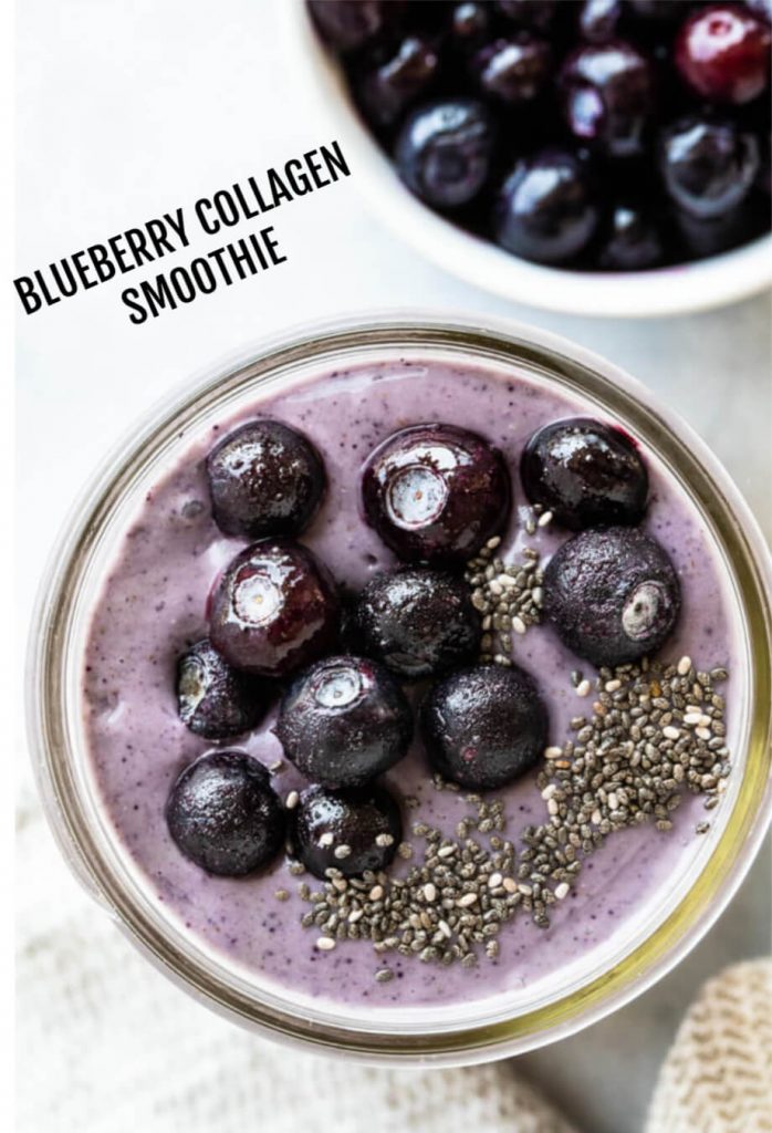 blueberry smoothies with blueberries and chia seeds on top