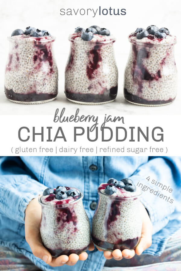 three glass jars of blueberry chia pudding
