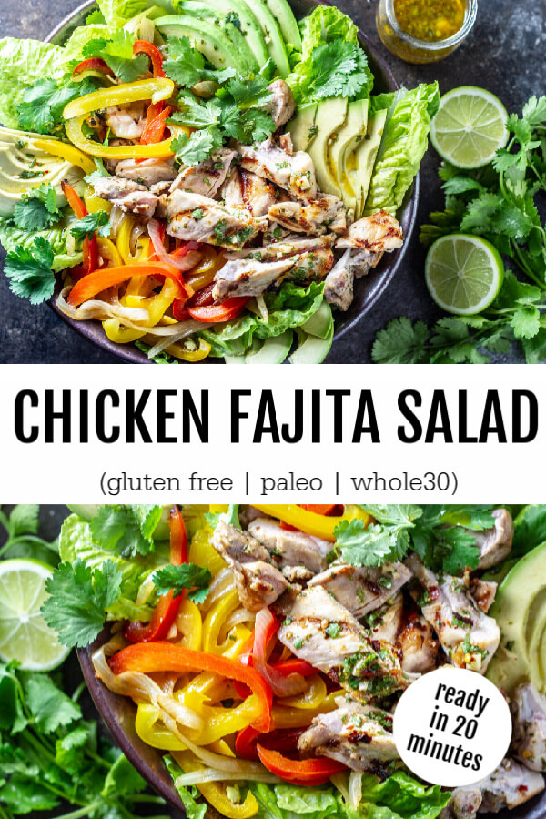 Chicken Fajita Salad surrounded by cilantro leaves and sliced limes