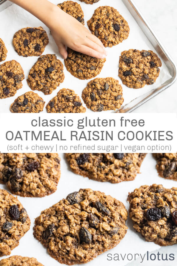 gluten free oatmeal raisin cookies on a silver baking sheet