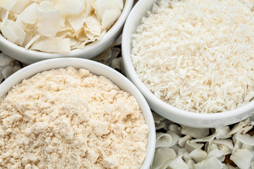 coconut flour in white bowls