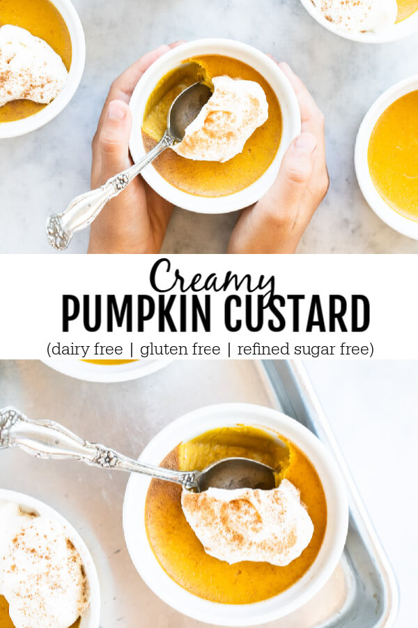 hands holding white ramekin with pumpkin custard