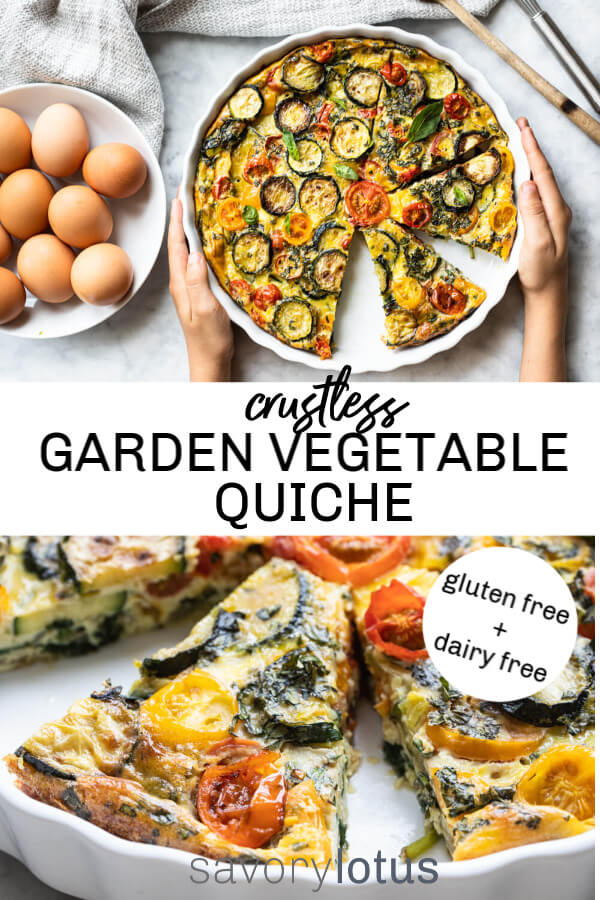 vegetable quiche in white dish on white counter