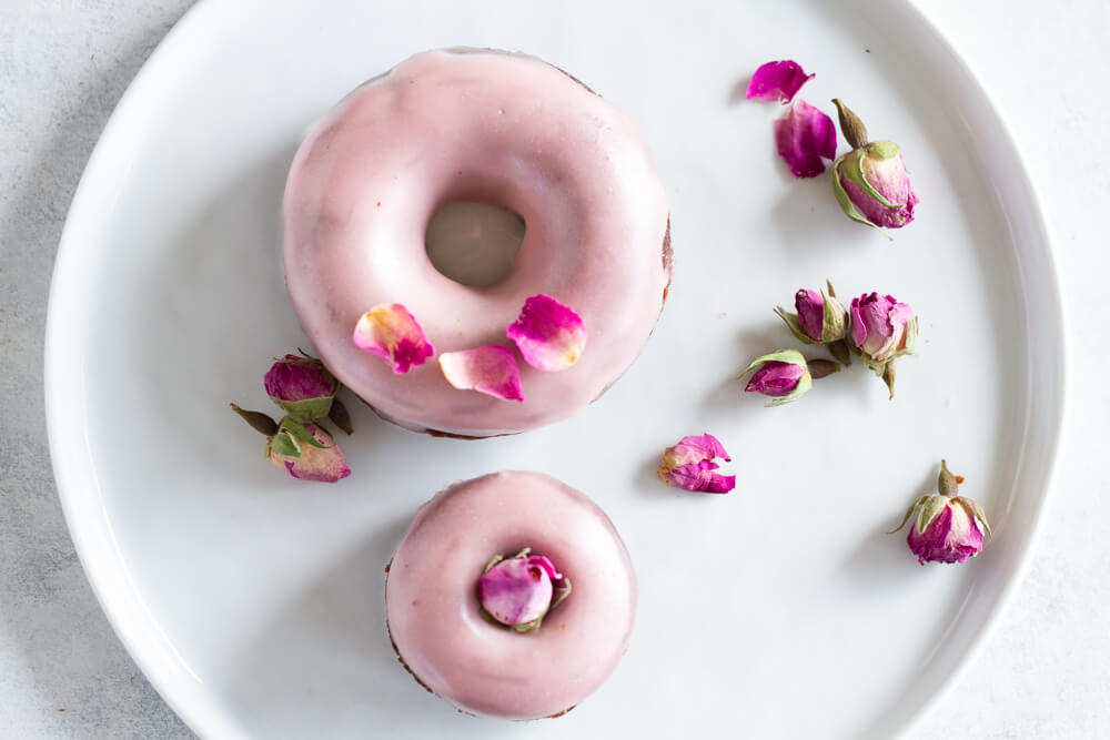 Chocolate Rose Donuts with dried rose petals on top