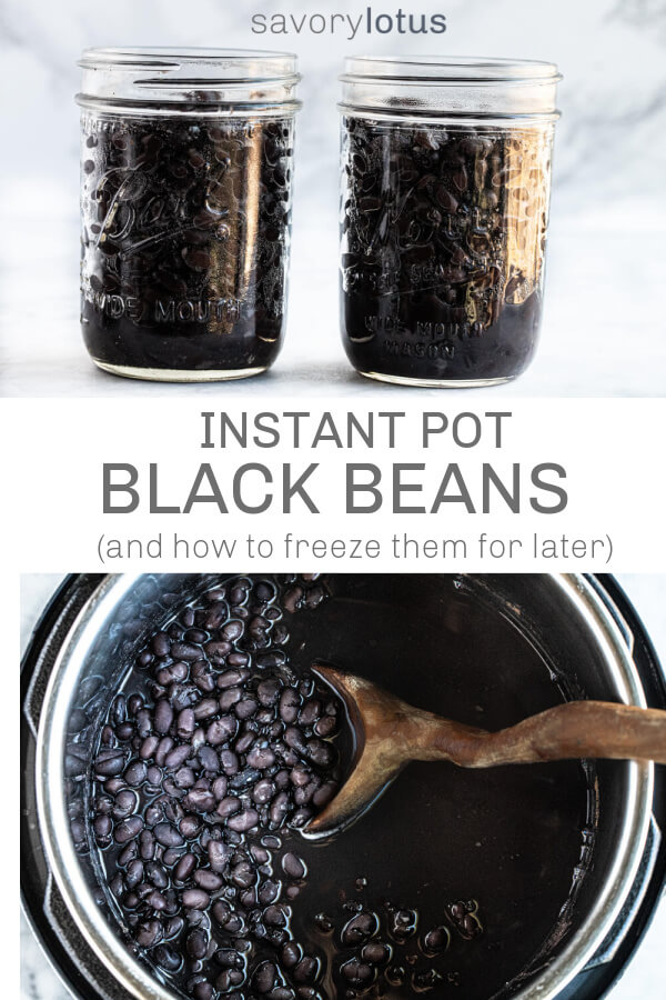 wooden spoon in instant pot full of black beans