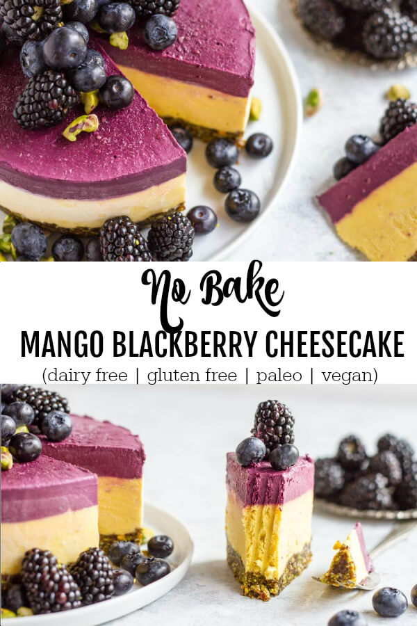 Mango Blackberry Cheesecake on white plate with a slice cut out