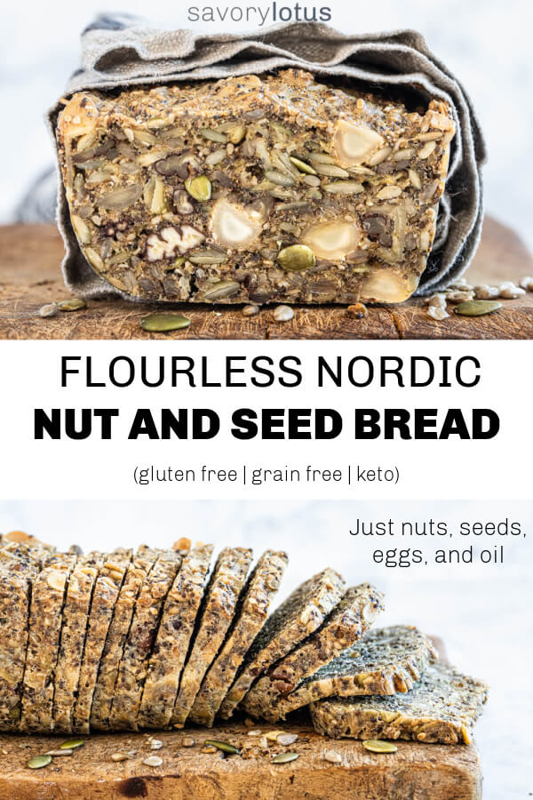 nordic nut and seed bread sliced on a wooden cutting board