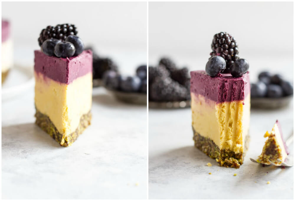 side view of a slice of mango blackberry cheesecake