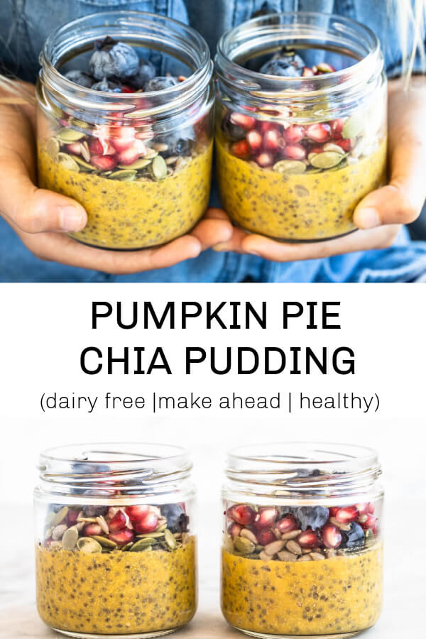 two glass jars with pumpkin chia pudding