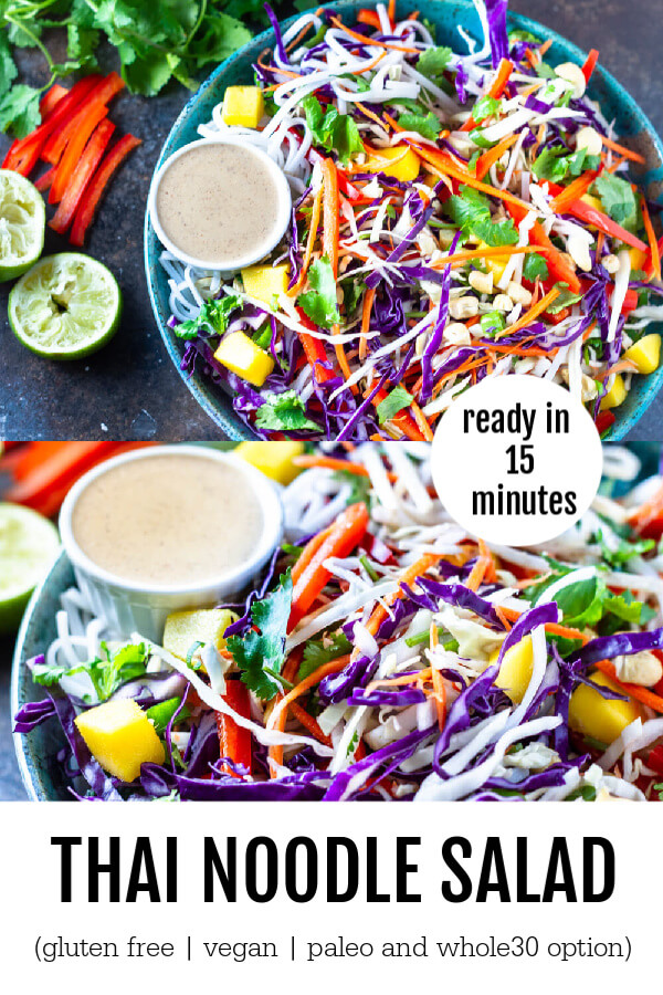 Thai Noodle Salad in blue bowl with limes on the side