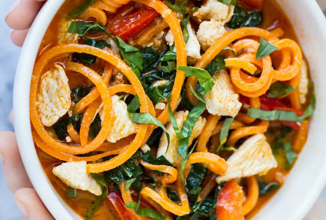 Thai Red Curry with Sweet Potato Noodles | www.savorylotus.com